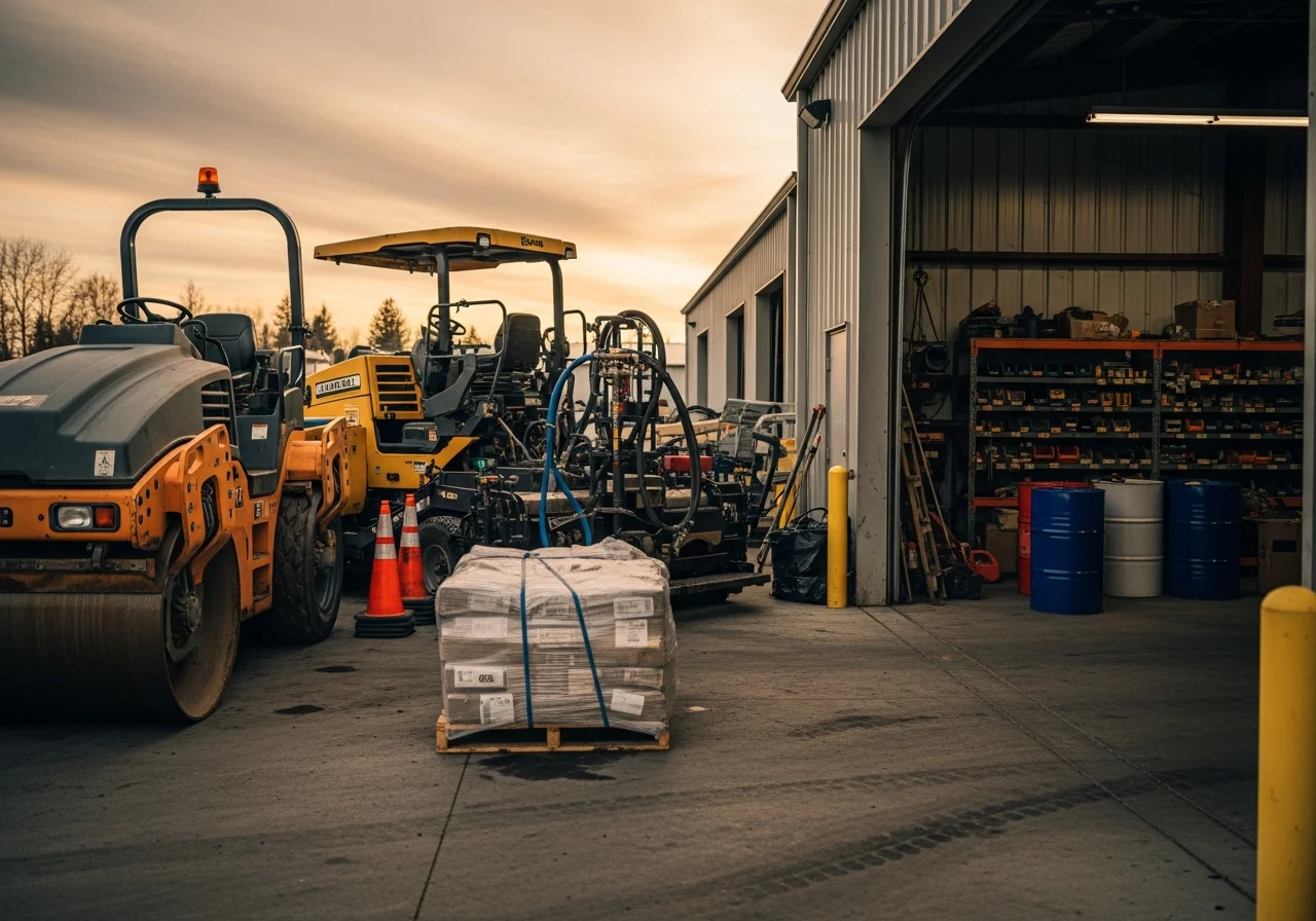 Professional paving crew and equipment on a residential driveway project, showcasing tools and materials used in asphalt and seal coating work.
