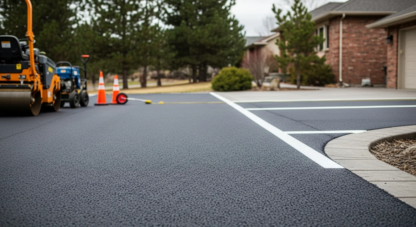 Professional asphalt paving crew working on a residential driveway