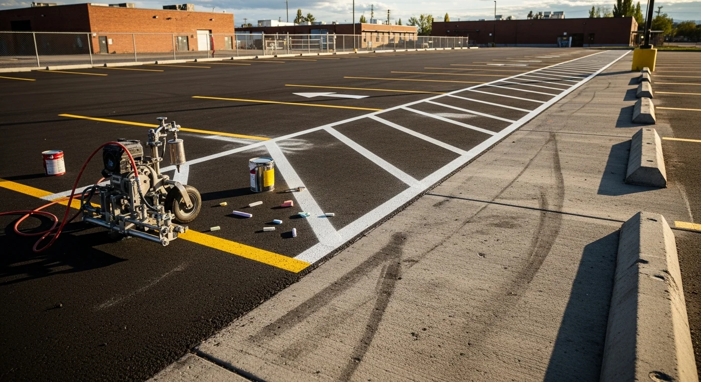 Fresh road striping and pavement markings on a parking lot