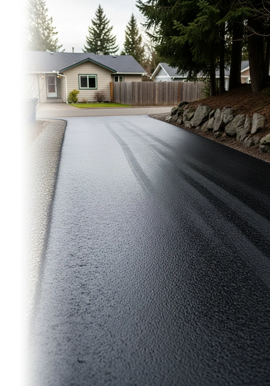 Newly paved asphalt driveway in Post Falls residential area