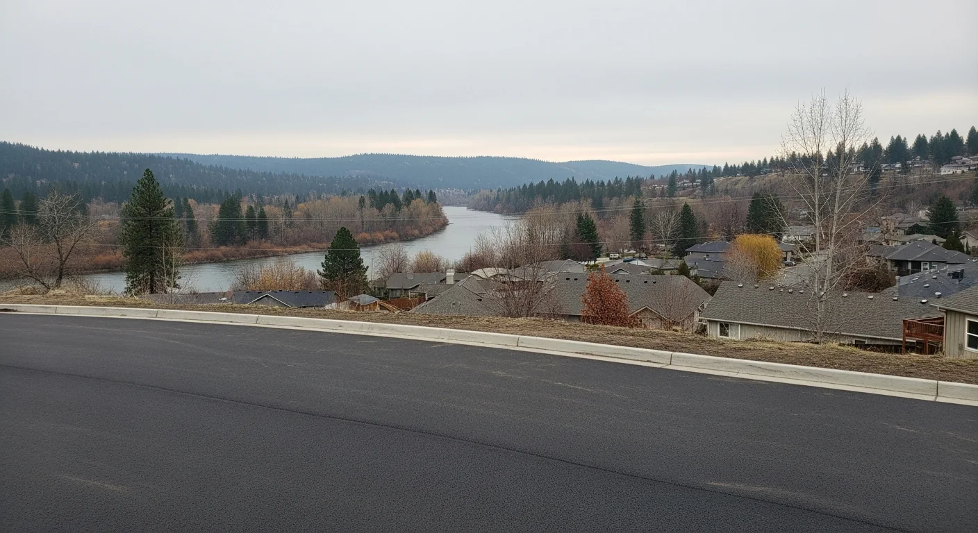 Post Falls Idaho cityscape with Spokane River and forested hills