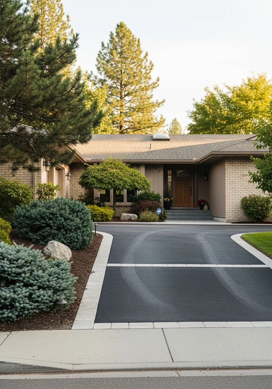 Close-up of a well-maintained Spokane home exterior with landscaping and clear sightlines to the front entrance.