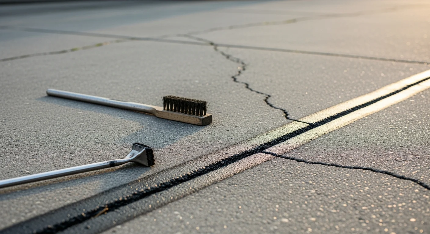 A Spokane residential driveway with freshly sealed asphalt cracks running along the surface, showing dark filler material applied cleanly into the crack lines. The surrounding pavement is intact, with a residential home and dry Eastern Washington landscape visible in the background.