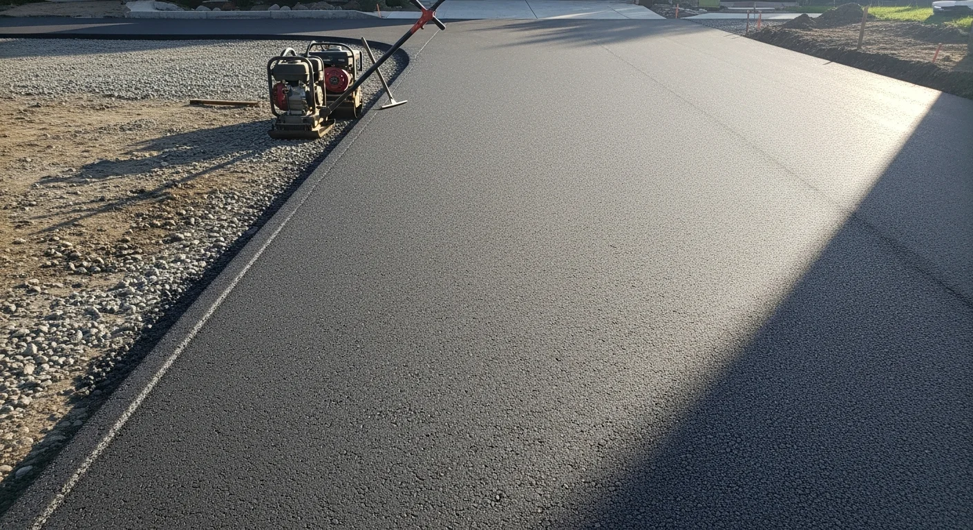 Freshly installed black asphalt driveway in front of a residential home in Spokane, Washington, with clean edges and a smooth, even surface. The surrounding landscape shows a typical Eastern Washington property with a clear slope away from the structure.