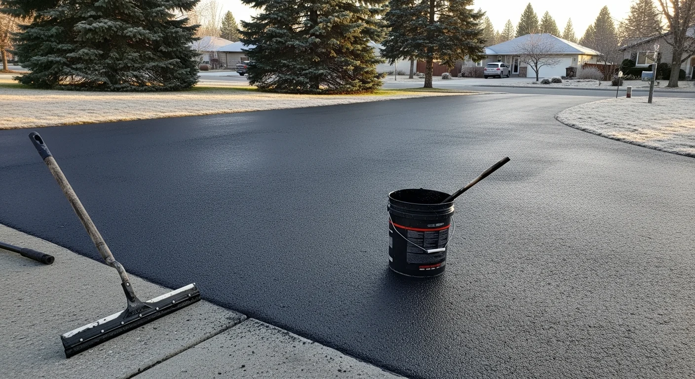 A freshly seal-coated asphalt driveway in Spokane, Washington, showing a smooth, dark surface with clean edges against a residential property. The coating provides a uniform finish typical of professional asphalt protection work in the Inland Northwest.