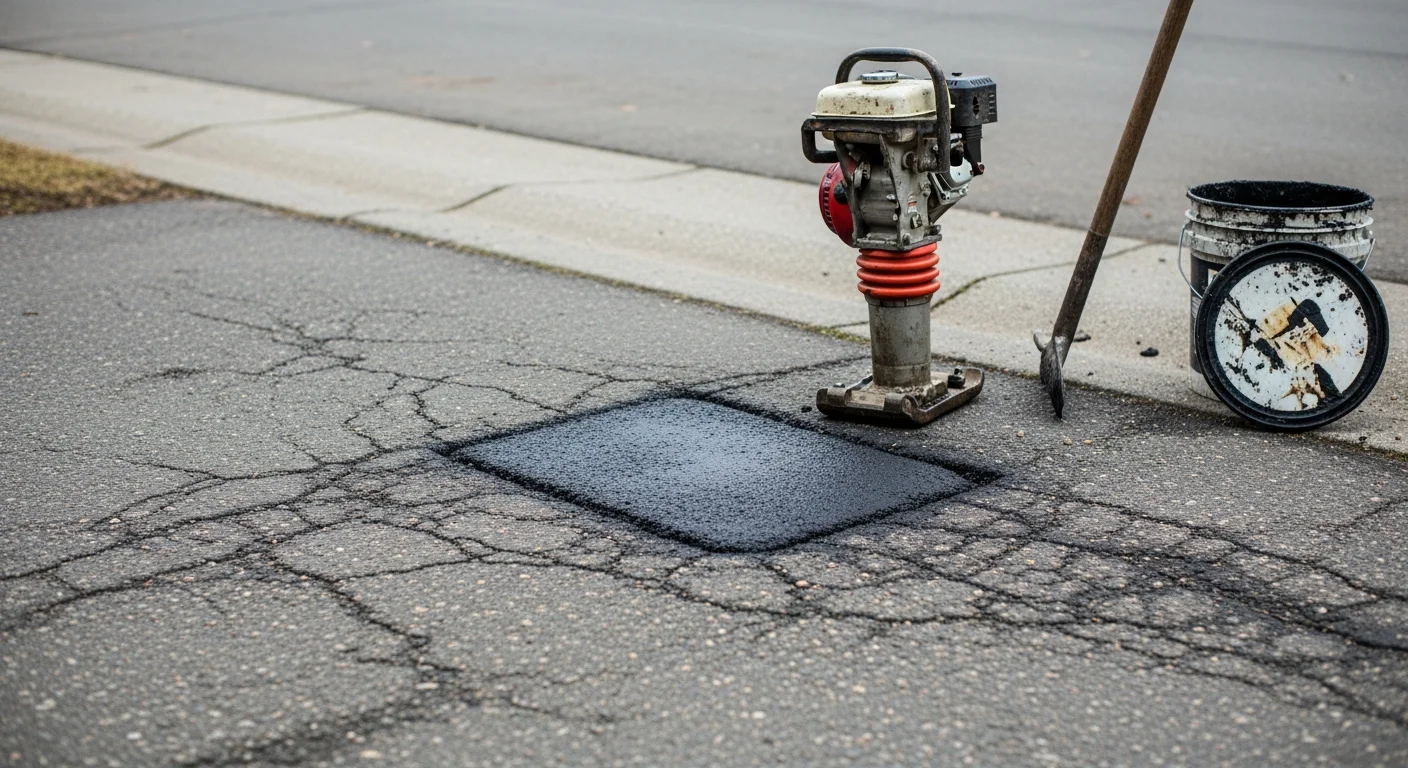 A freshly patched asphalt driveway in Spokane, Washington, showing smooth repaired sections alongside the existing pavement surface. Close view of filled cracks and a level pothole patch on a residential property.