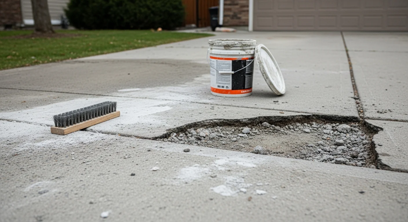 A repaired concrete driveway in Spokane, Washington showing a smooth, patched surface with clean edges where cracked and spalled sections were restored. The surrounding area reflects a typical Spokane residential property with a standard slab driveway approach.