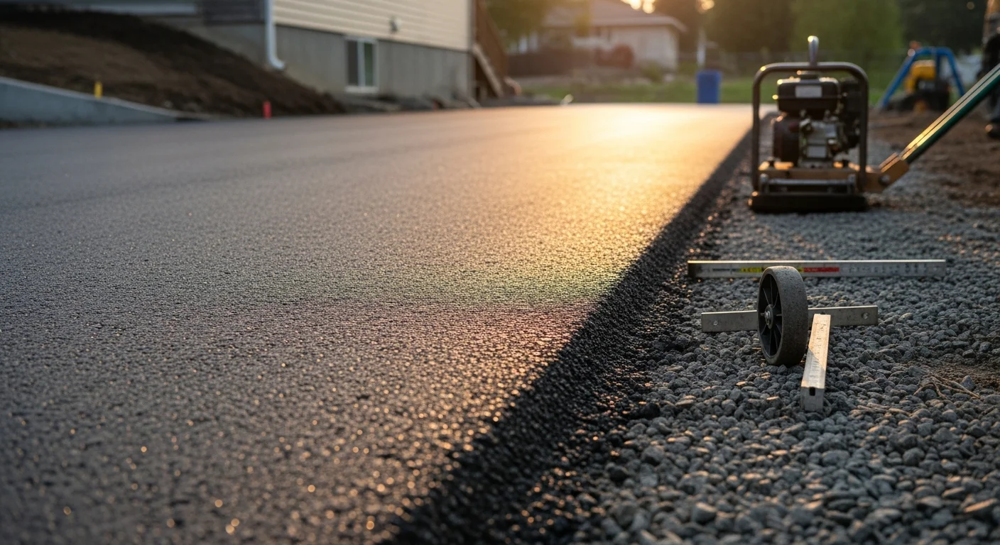Freshly paved black asphalt driveway in front of a single-family home in Spokane, Washington, with clean straight edges and a smooth compacted surface. The surrounding yard shows typical Eastern Washington residential landscaping with the driveway graded to direct water away from the foundation.