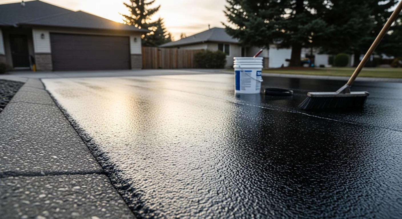 A freshly seal-coated residential asphalt driveway in Spokane, Washington, showing a smooth, dark, uniform surface with clean edges. The surrounding landscape reflects a typical Eastern Washington home setting with dry grass and a clear sky.