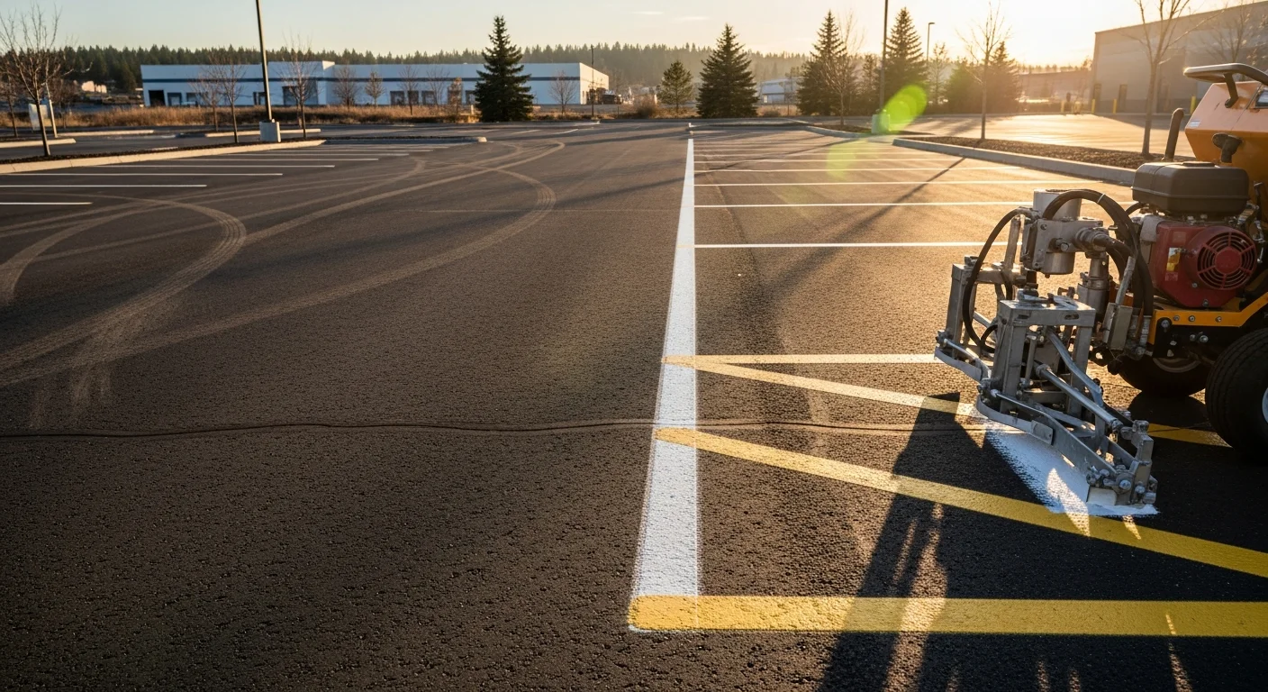 Freshly painted white parking stall lines and a yellow fire lane stripe on a commercial asphalt lot in Spokane, Washington. Bright ADA-accessible space markings with access aisle lines are visible near the building entrance.
