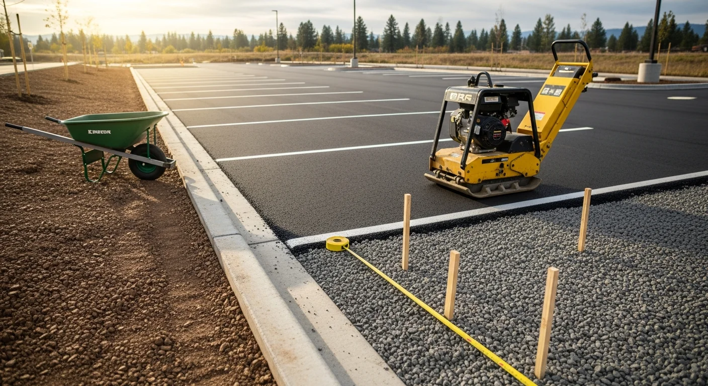 Freshly paved commercial asphalt parking lot with bright white striping and ADA-marked spaces at a Spokane, Washington business property. The smooth black surface shows clean lot lines and a properly graded layout with no standing water.