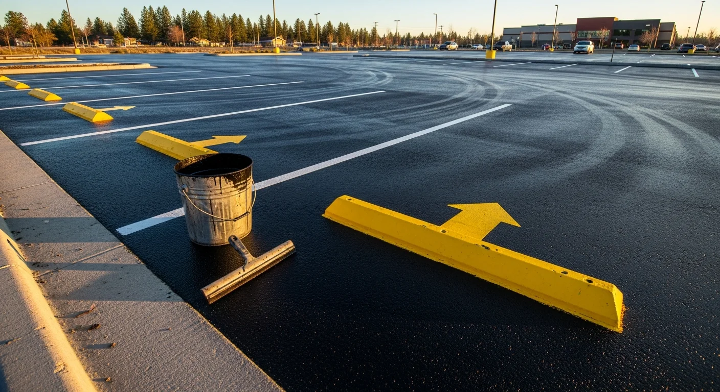 A freshly seal coated commercial parking lot in Spokane, Washington, showing a uniform dark asphalt surface with crisp lot striping under clear daylight. The surrounding area reflects a typical Eastern Washington commercial property setting with no visible cracking or surface fading.