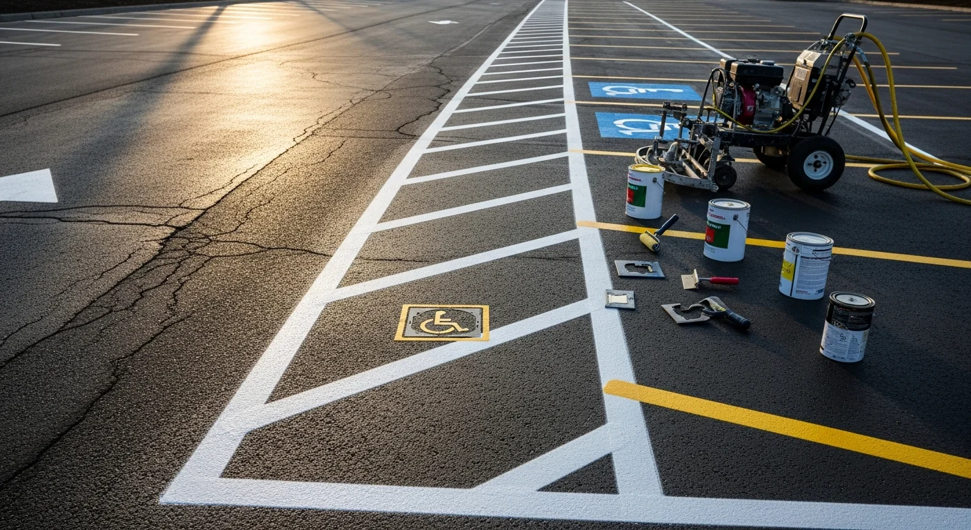 Freshly striped commercial parking lot in Spokane, Washington, showing bright white stall lines, a blue ADA-accessible space with access aisle, and directional arrows on dark asphalt. Overhead view shows an organized, clearly marked lot at a commercial property.