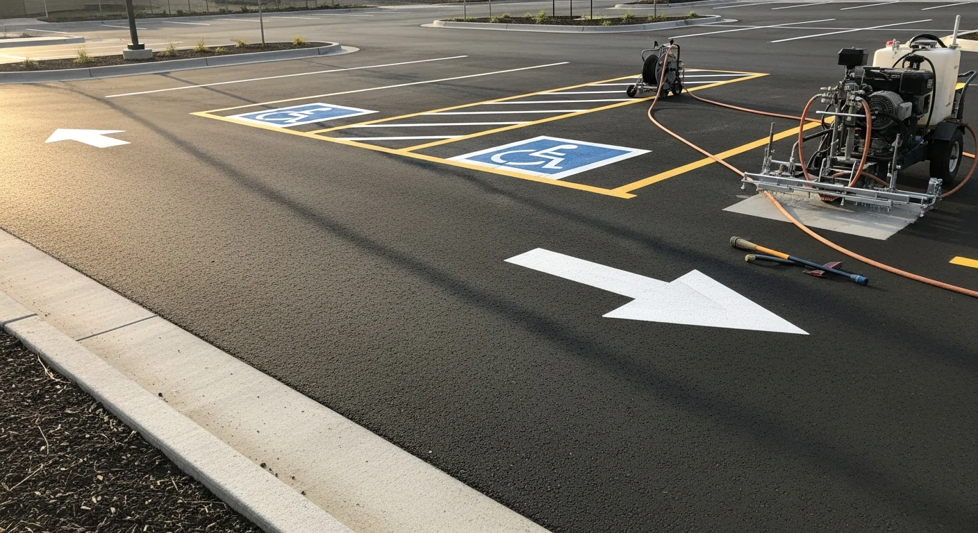 Freshly applied white parking lot striping on a commercial asphalt lot in Spokane, Washington, showing clearly defined stalls, a directional arrow, and a marked ADA-accessible space with diagonal access aisle lines.