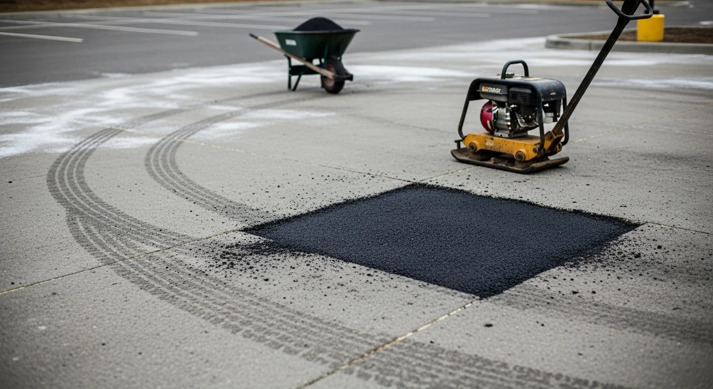 A freshly repaired asphalt pothole on a commercial parking lot surface in Spokane, Washington, with the patched area compacted flush to the surrounding pavement. Close-up view shows clean patch edges and a smooth, even surface ready for vehicle traffic.