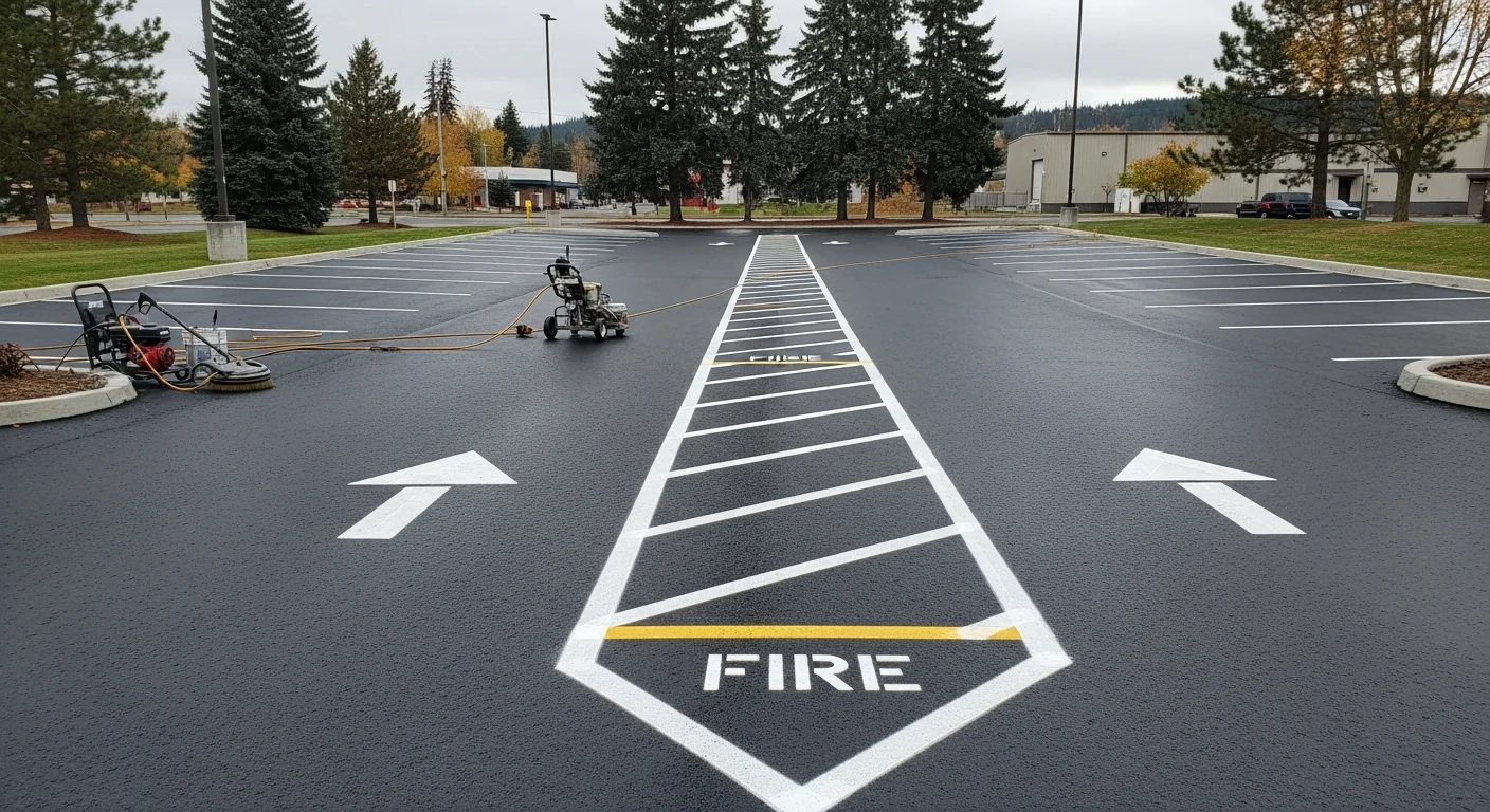 Freshly painted white parking stall stripes and a yellow fire lane curb marking on a commercial asphalt lot in Spokane, Washington. Bright ADA-accessible stall markings with blue paint and a white access aisle line are visible near the building entrance.