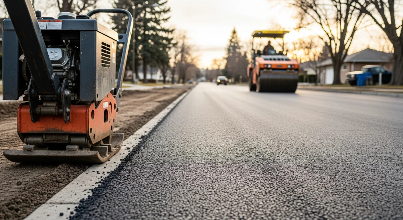 Freshly paved asphalt road surface on a private access lane in Spokane, Washington, showing smooth blacktop with clean compacted edges and proper drainage grade. A DBC LLC road paving project completed in Eastern Washington with visible roller compaction lines across the full lane width.