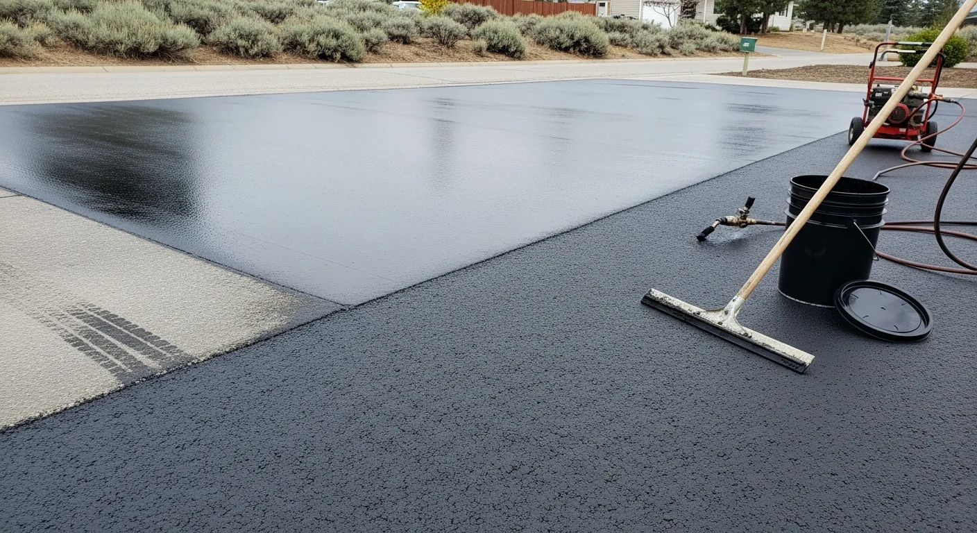 Freshly seal coated asphalt road surface in Spokane, Washington, showing a uniform dark finish with clean edges. A residential street or private road in the foreground with a clear blue Eastern Washington sky above.