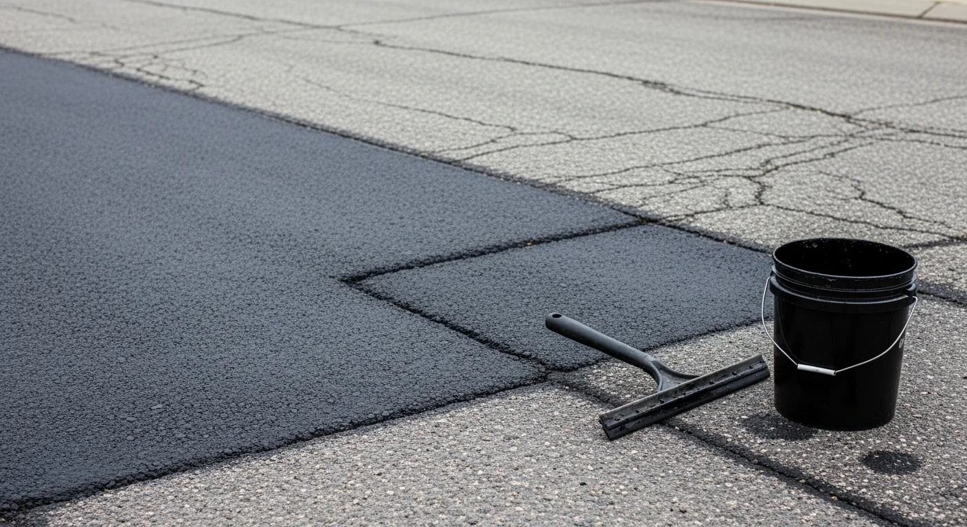 A freshly restored asphalt road surface on a residential property in Spokane, Washington, showing smooth, even pavement with no visible cracking or pothole damage. The repaired surface contrasts with the surrounding weathered pavement, illustrating the result of professional road surface restoration work.