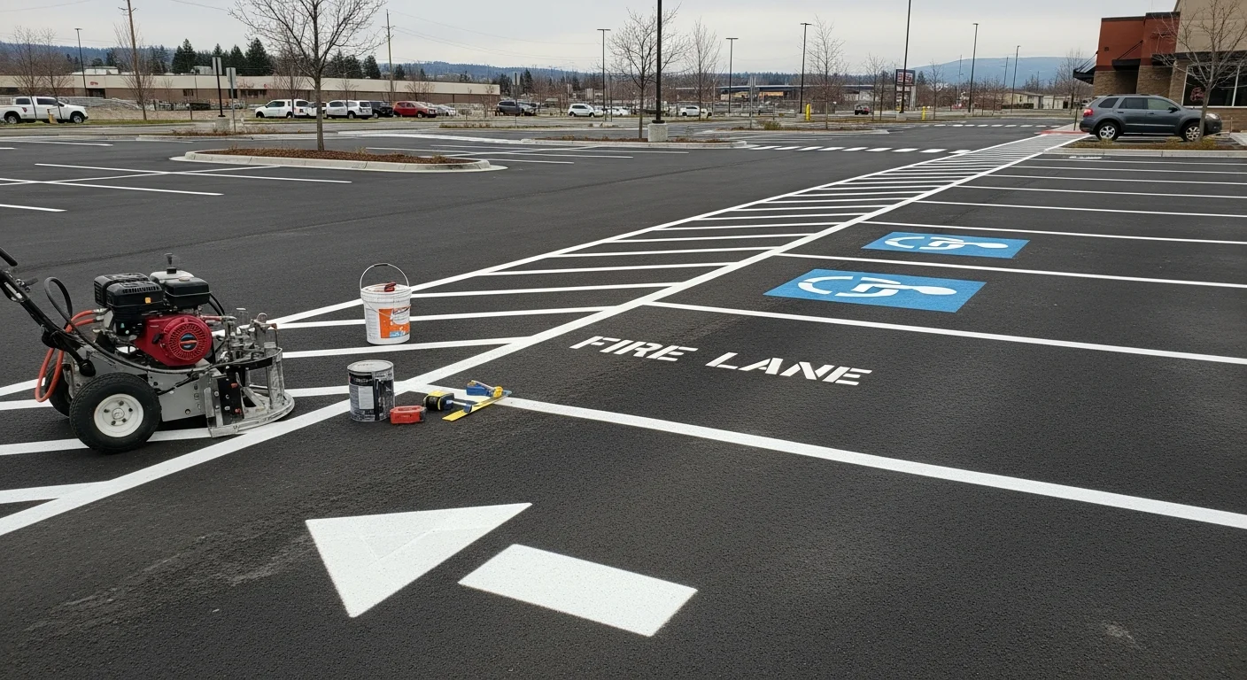 Freshly applied white and yellow pavement safety markings on a commercial parking lot in Spokane, Washington, showing ADA-accessible stall symbols, fire lane striping, and directional arrows on dark asphalt.