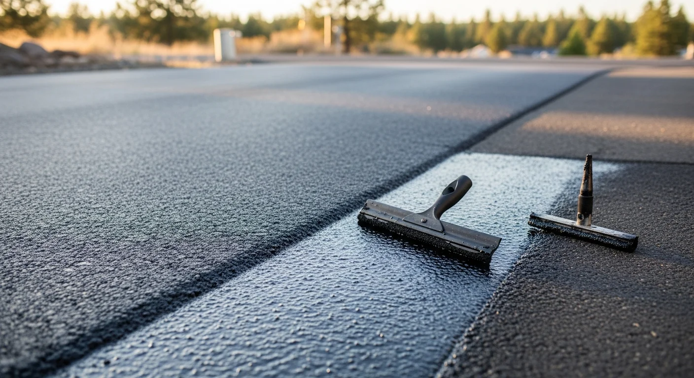 Freshly seal coated asphalt driveway in Spokane, Washington, showing a uniform dark surface with clean edges alongside a residential property. Close-up view highlights the smooth, protected finish applied by DBC specialty coatings.